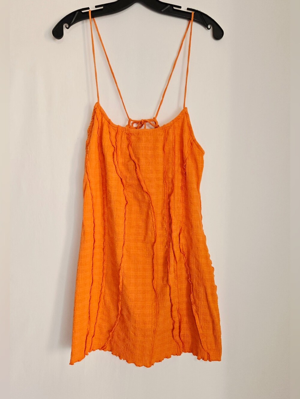 Free People Orange Crinkle Mini Dress Strappy Tie Back Boho Sundress Size Large